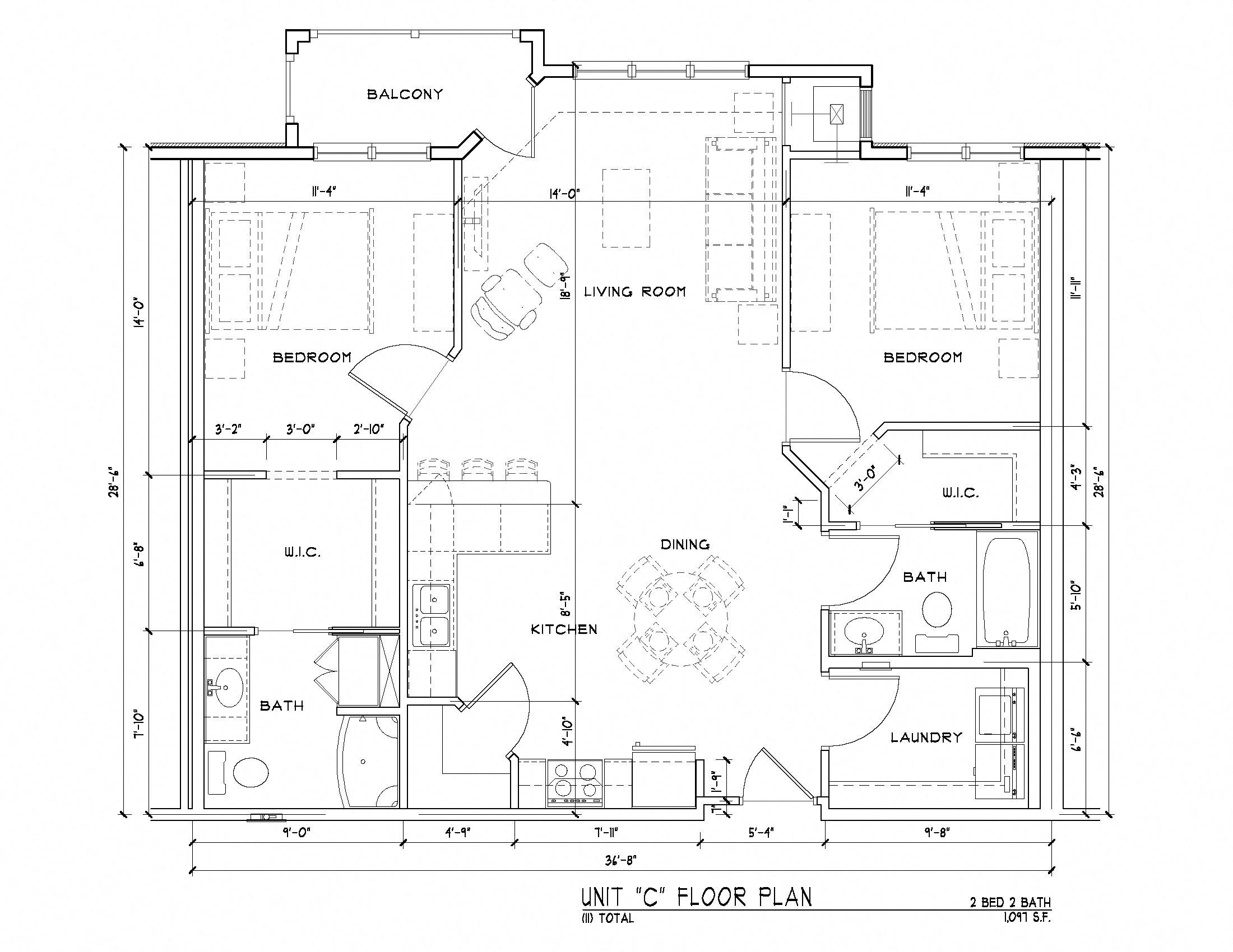 Floor plan for 2 beds, 2 baths, 1154 sqft